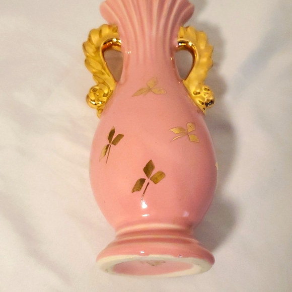 Vase Vintage Le Pere Pottery USA Pink Glaze Gold Leaf Collectible Bud Vase MCM - Picture 2 of 5